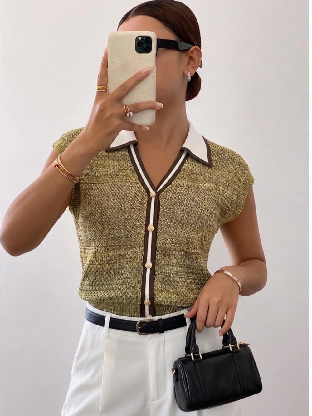 Commense Olive Knit Polo Top with White Collar and Brown Trim
